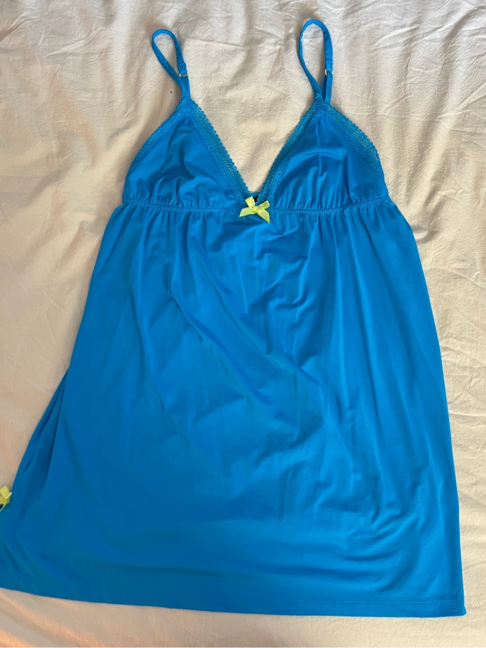 Bright Blue Slip Babydoll Lingerie Dress with Lime Bows